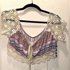 NWOT Free People striped crochet boho tie crop top S beach vacation festival